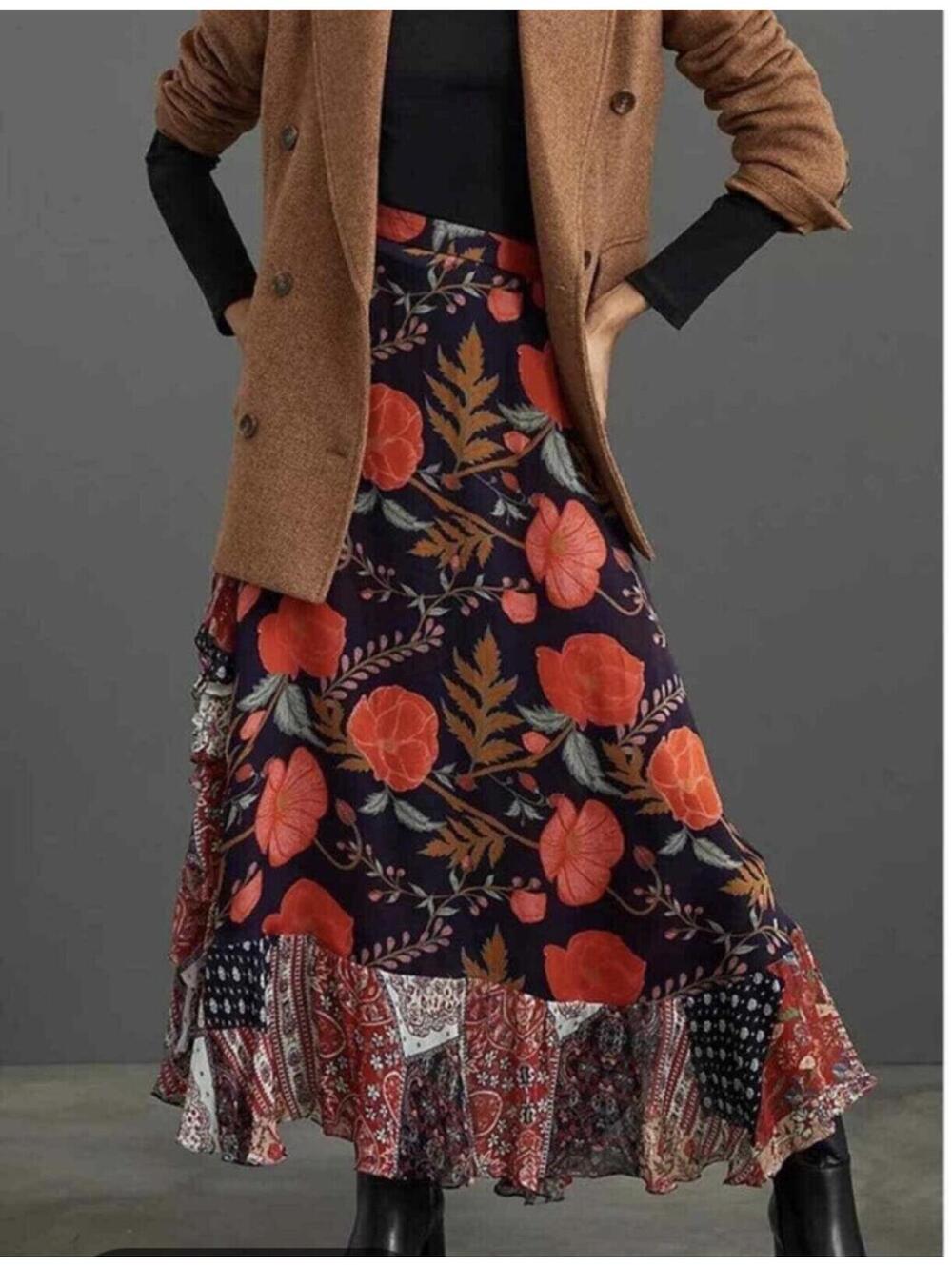 Anthropologie Nidhi Yasha Floral Print Bohemian Skirt with Ruffle Hem